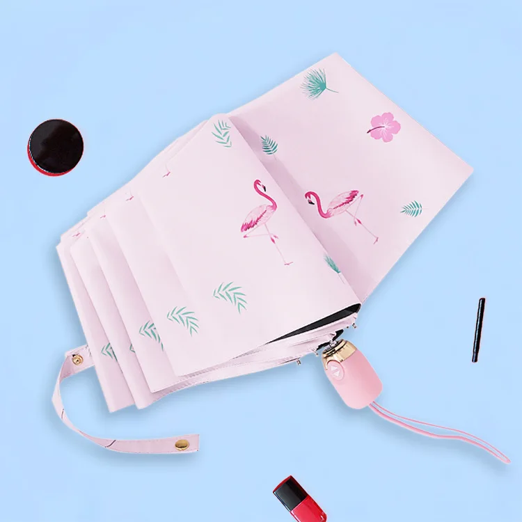 

Dew Xin New Style Hipster Fully Automatic Flamingo Umbrella Vinyl Folding Umbrella Three Fold Sun-resistant Parasol Creative