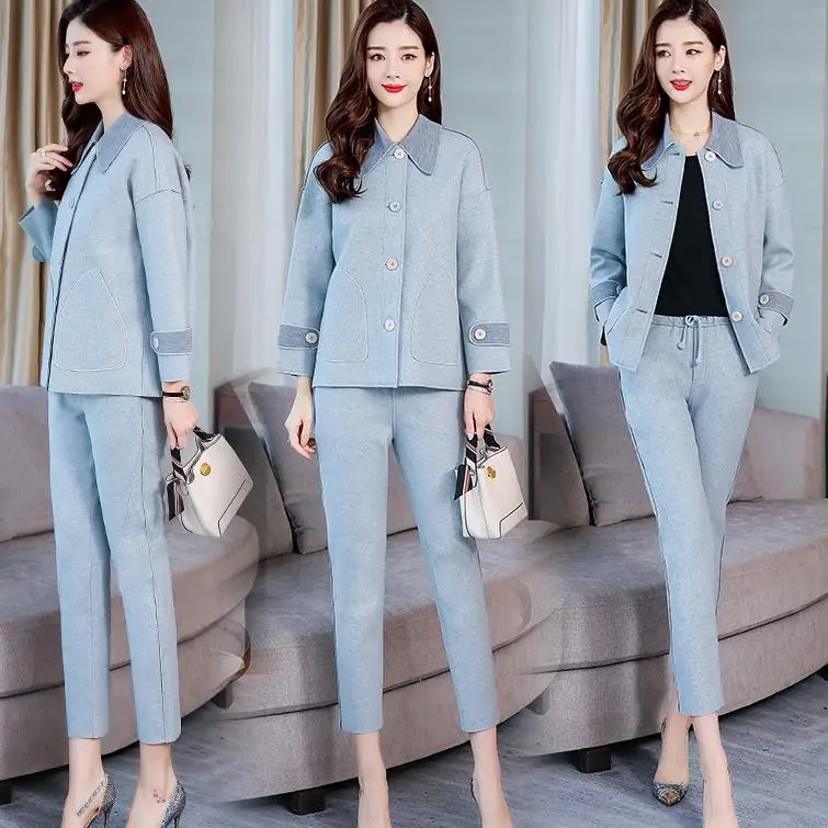 

Set Pants 2019 Spring New Style Popular Long Sleeve Solid Color Retro Elegant Single Row Button Coat Two-Piece Set