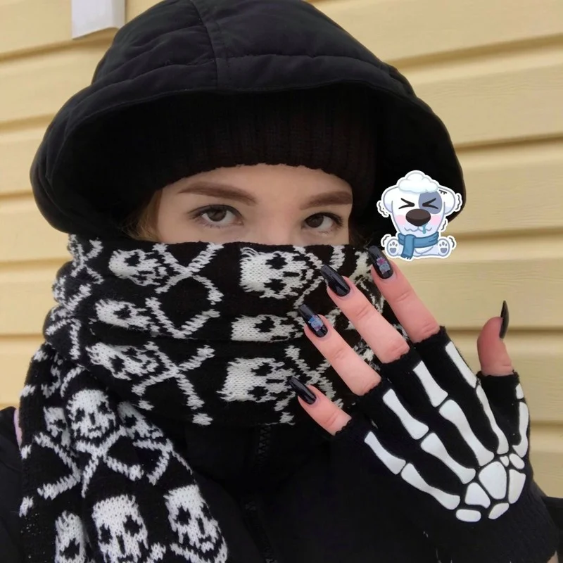 Fashion Skull Knitted Women Men Winter Scarf Skeleton Scarves Party Wraps with Black Fringe Luminous Skull Gloves 2