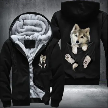 

Wolf Pocket Fleece Mens Winter Hoodies Male Harajuku 2020 Casual Sweatshirts Hooded Zipper Warm Sportswear Thicken Warm Outwear