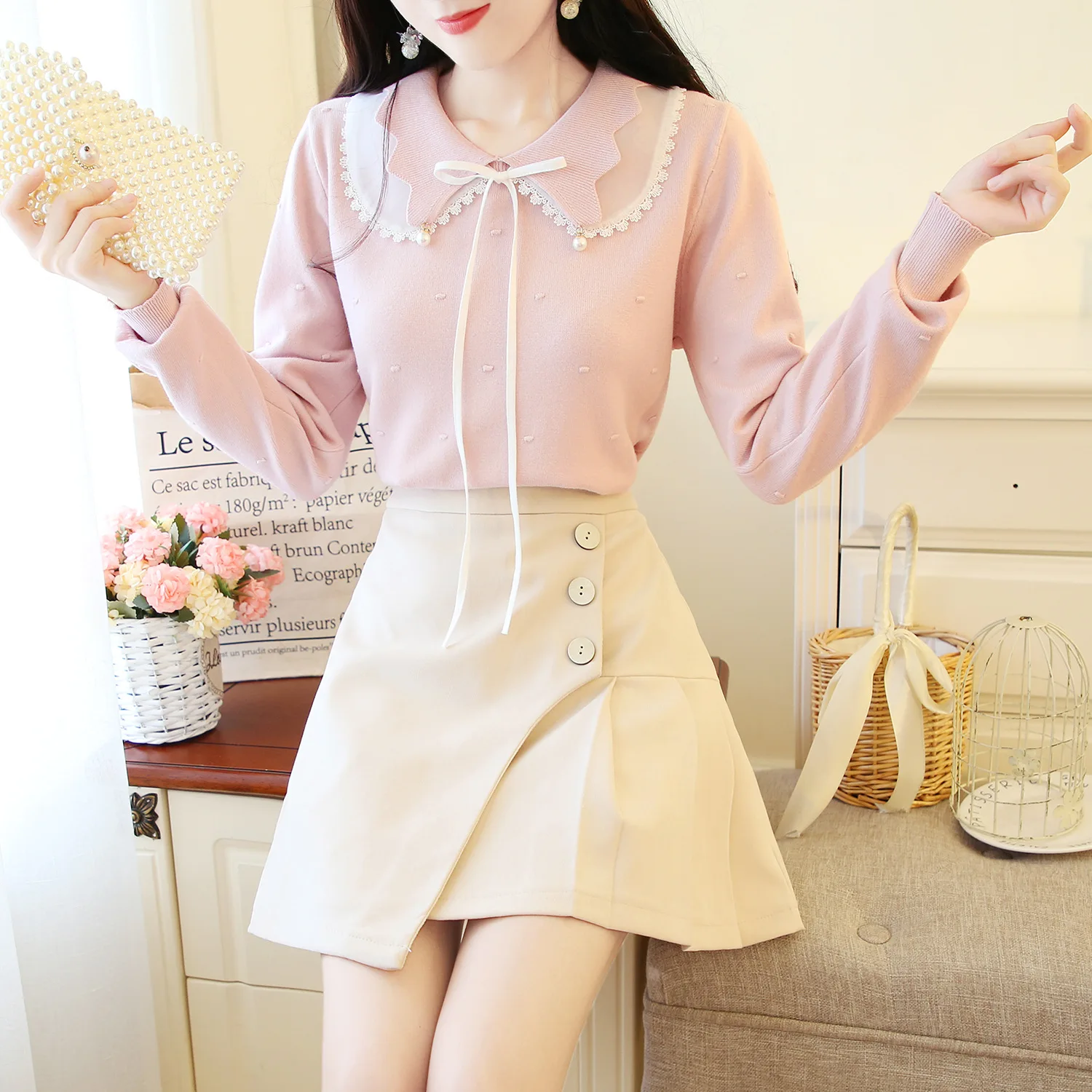 

Two-Piece Set Peter Pan Collar Slim Fit Sweater Base Shirt 2019 Autumn New Style + Skirt Set