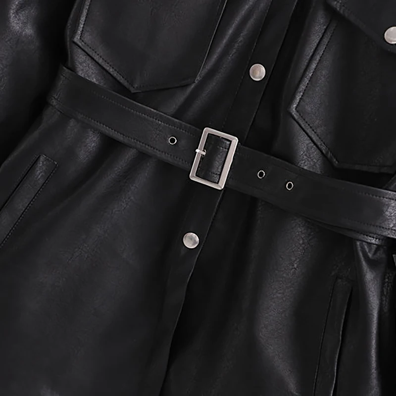 Faux Leather Jackets Women Fashion PU Black Coat Elegant Belt Waist Pockets Buttons Female Coats Streetwear Ladies Jackets