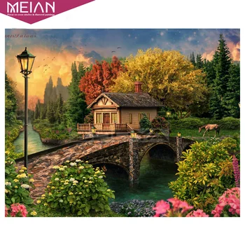 

2020 MEIAN Forest Tree Bridge Diamond Embroidery 5D DIY Diamond Painting House Diamond Painting Cross Stitch Rhinestone Mosaic