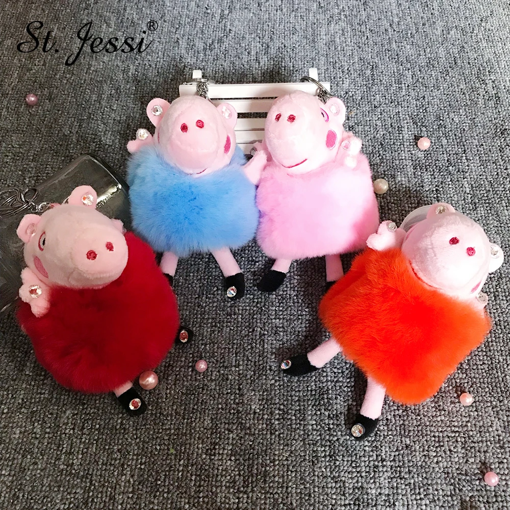 

2019 Real Natural Rex Rabbit Fur Pink Pig Keychain Bag Charm Trinket Chaveiros Bag Accessories Style Pendant Baby Girl's Gift
