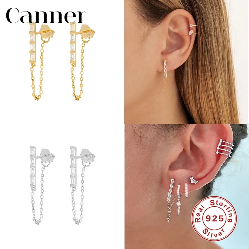 

Canner Genuine 925 Sterling Silver Stud Earrings For Women Crystal Rectangle Cubic CZ Piercing Earrings Fine Jewelry Aretes W4