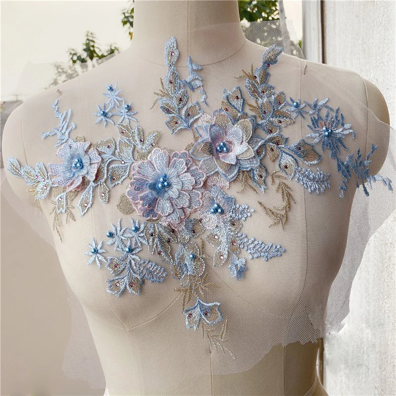 3D Blue Flower Embroidery Clothes Patches Beaded Lace Wedding Sewing Applique Bridal Sew On Dress Scrapbooking | Дом и сад