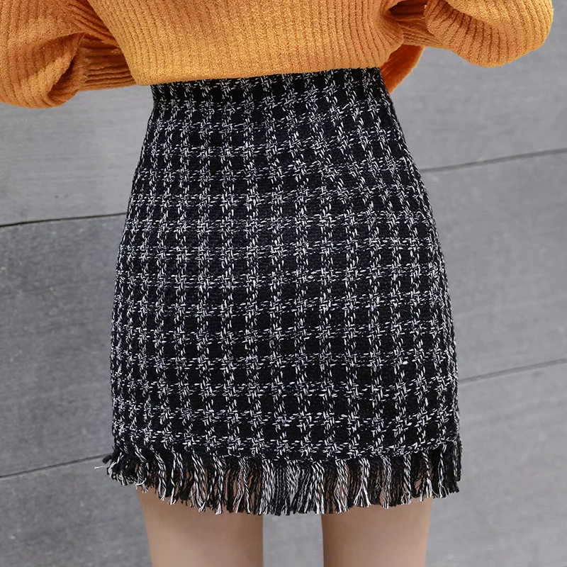 Ceny Tassel Tweed spódnice kobiety w stylu Vintage jesień zima krótkie obcisłe spódnice spódnice z wełny koreański Bodycon wysokiej talii spódnica w kratę pani V919