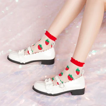 

Cute Strawberry Peach Print Girls Short Socks Crystal Cartoon Sweet Glass Stockings Lacework Kawaii Princess Socks Preppy Style