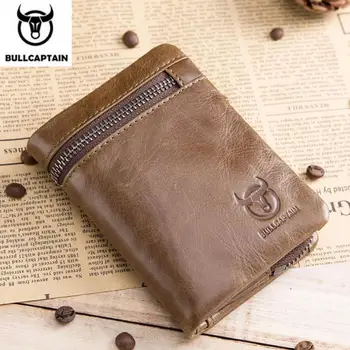 

BULLCAPTAIN 2019 CASUAL Short Trifold Hasp Zipper Wallet MEN Coffee Cow Leather Wallet Coin Pocket Money Purse Bag Card Holder