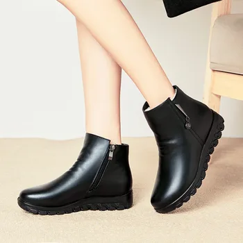 

Thick Wool Lined Women Real Leather Shoes Winter Boots Big Size 43 Snowshoe Side Zip Ankle Boots for Women Black Chunky Boots