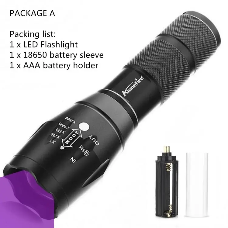 AloneFire E17 УФ светодиодный фонарик 365 нм Ультрафиолетовый масштабируемый Невидимый для кошек, собак, домашних животных, охотничий маркер для проверки батареи AAA 18650 - Испускаемый цвет: UV flashlight A