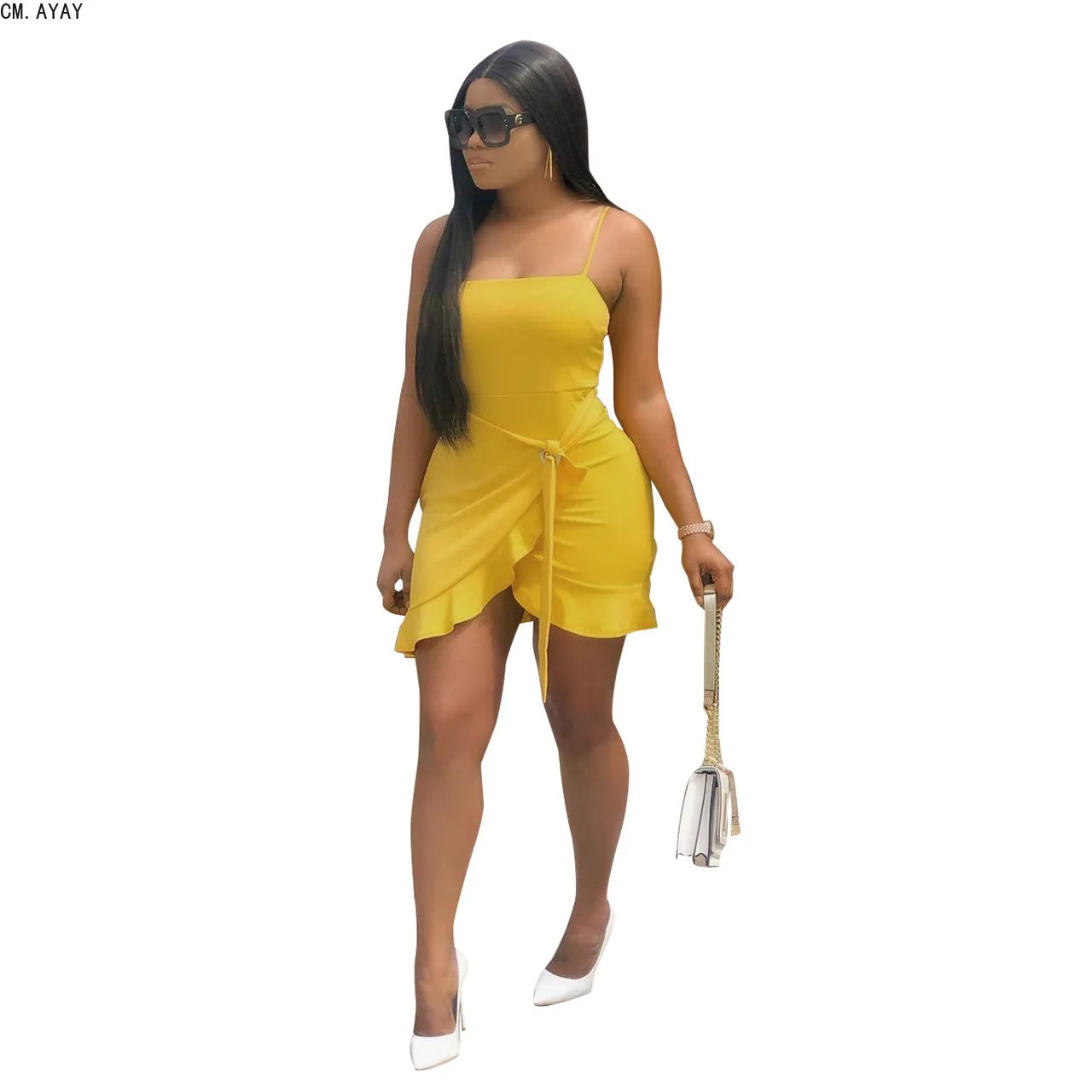 

CM.YAYA Women Flounce edge fish tail split short dresses bodycon midi dress sexy night party dresses vestidos yellow CMNK028