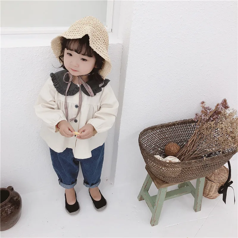 

2019 Spring New Style Childrenswear Korean-style Girls Contrast Color Peter Pan Collar Cotton Linen GIRL'S Shirt Cardigan CHILDR