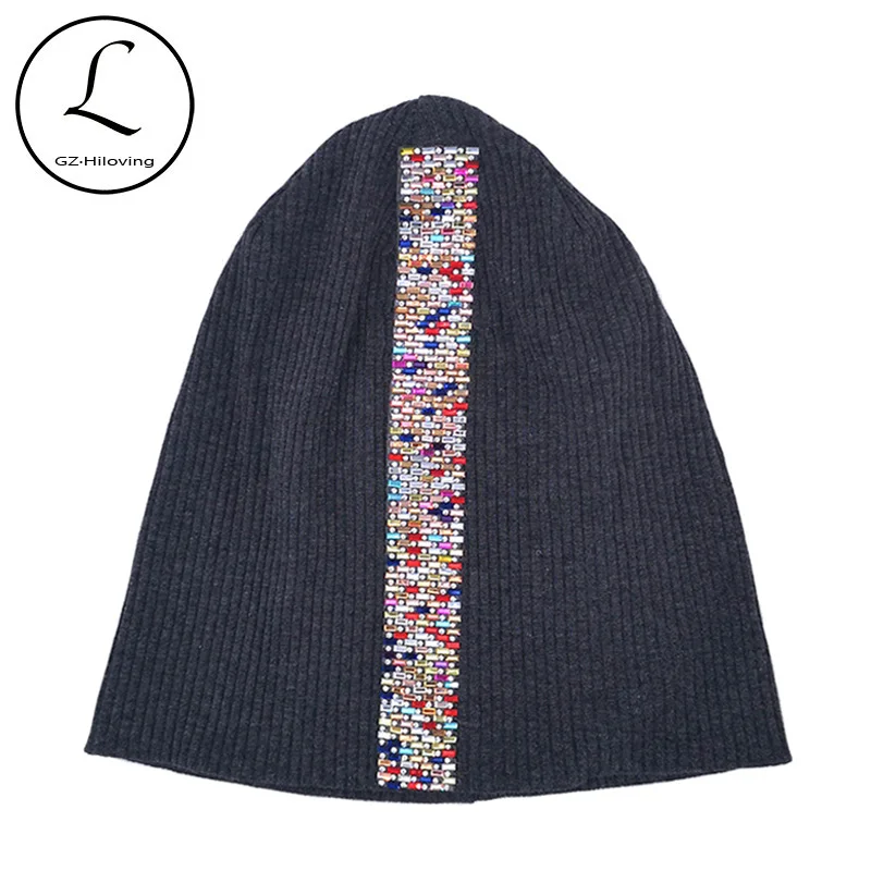 

Women Ribbed Rhinestone Beanie Hats For Ladies 2019 New Slouchy Cotton Kintted Beanie Skullies Cap Warm Bonnet Christmas Gifts