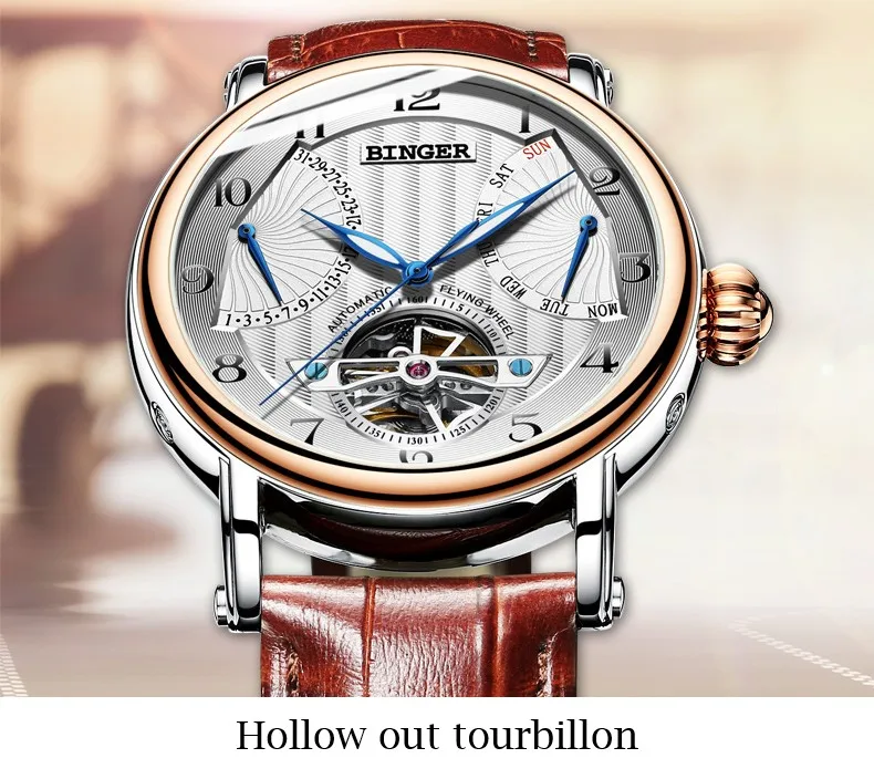 Часы с ремешком из натуральной кожи, автоматические Роскошные брендовые модные механические часы Бингер с турбийоном, мужские водонепроницаемые сапфировые часы с календарем