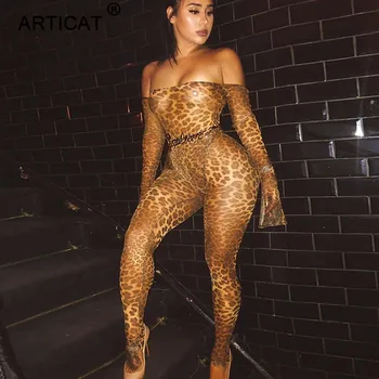 

Articat Leopard Print Off Shoulder Sexy Jumpsuit Women Rompers Long Sleeve Skinny Bodycon Playsuit Nightclub Party Overalls