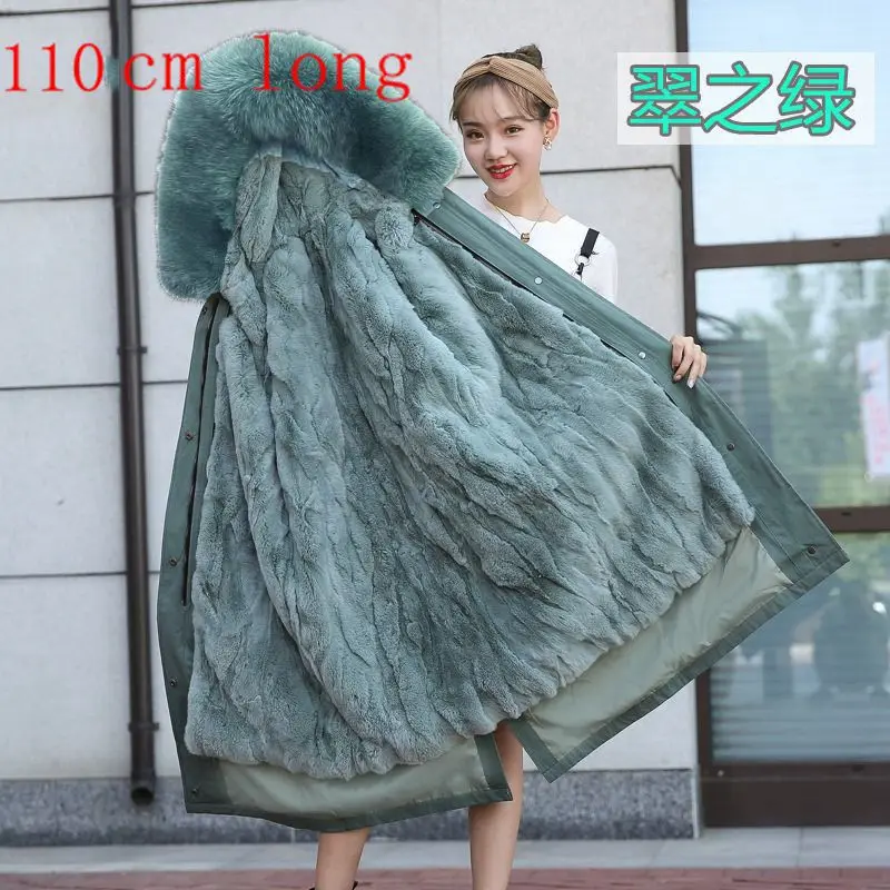 green fur green coat Женская меховая куртка с натуральным меховым лисьим меховым воротником, парка с капюшоном, натуральная подкладка из кроличьего меха, зимняя теплая Женская куртка, одежда - Цвет: green fur green coat