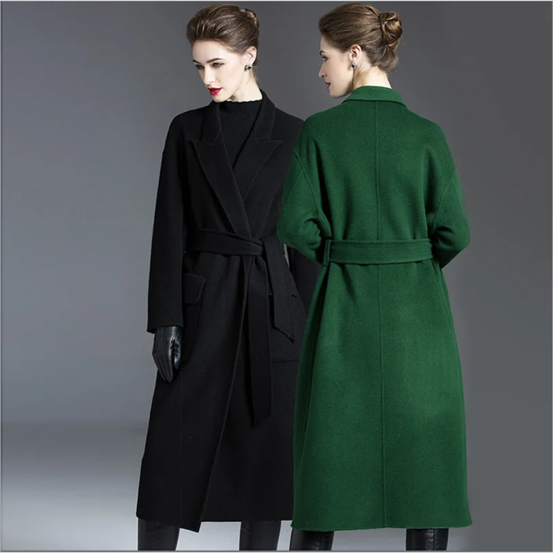 Casaco longo de lã dupla face com cinto, sobretudo feminino verde de  cashmere preto|Lã e mistura| - AliExpress