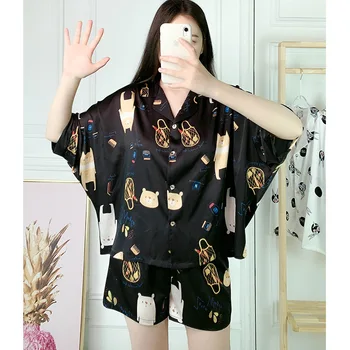 

Lively and Lovely Style Women's Emulation Silk Pajamas Summer Satin Chiffon Short Sleeve Shorts Two-piece Sets Thin Home Clothes