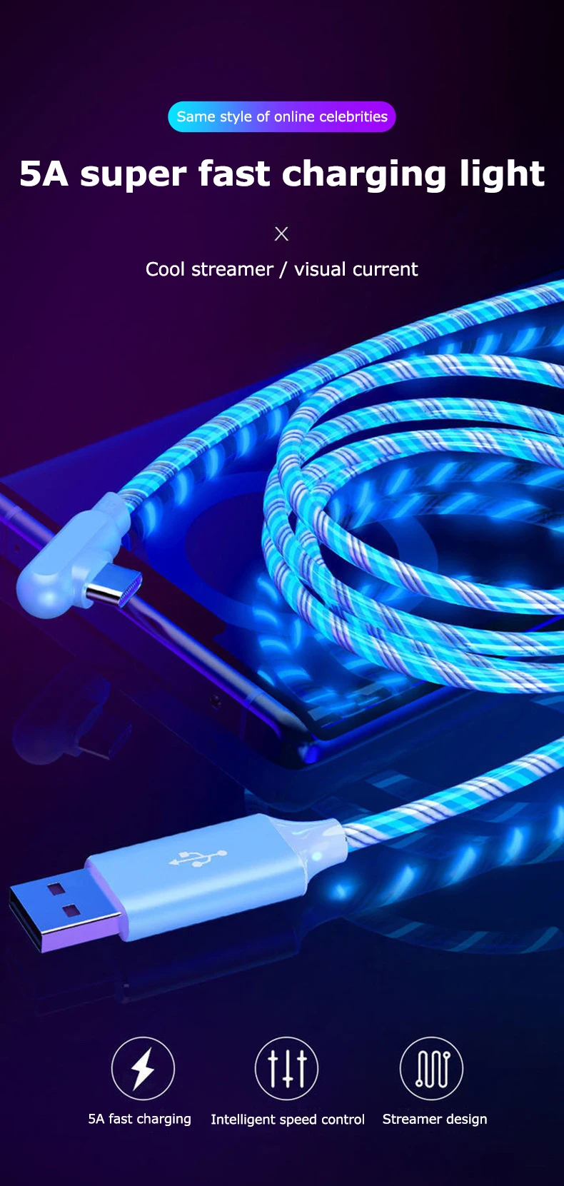 1m/2m 5A Elbow 90 degrees Fast Charging Cable For Samsung Huawei Micro USB Type C Flow Luminous Lighting LED Kable Data Cord fast charging cable for android