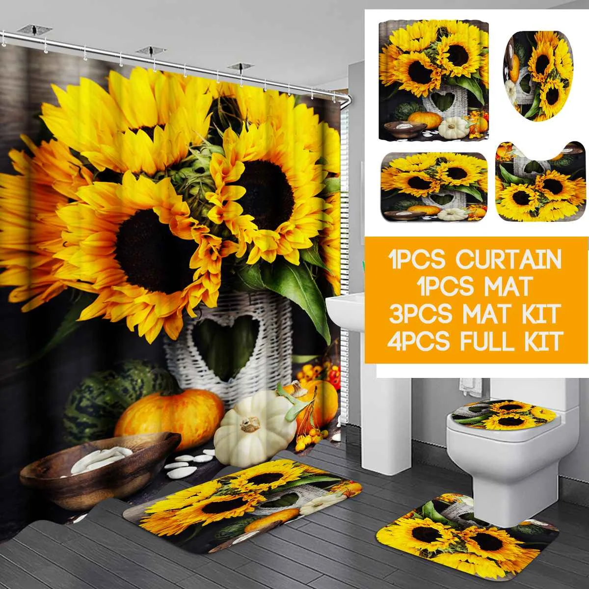 Sunflower Nature Landscape Waterproof Bath Shower Curtain Rug Set Non slip Bath Mat Toliet Cover