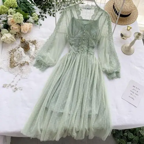 Новое модное женское Сетчатое милое длинное темпераментное платье - Цвет: Light Green