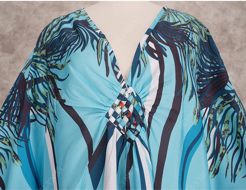 2022 Print Maxi Dress Batwing Sleeve Tunic Spring Autumn Beach Dress Casual Plus Size Women Beachwear Kaftan Cover-ups Q1289