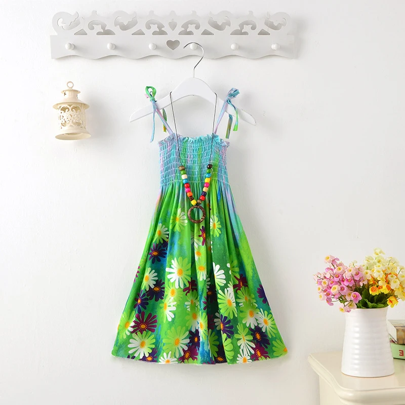 cutest baby dresses 2022 Summer Girls Floral Dress Sling Ruffles Bohemian Beach Princess Dresses for Girl Clothing 2 6 8 12 Years With Necklace Gift boutique baby dresses