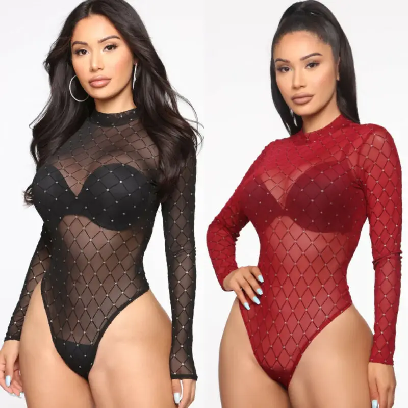 Nuevo  Body Sexy de manga larga para mujer, mono transparente de una pieza, Top de fiesta WDgJjzW0L