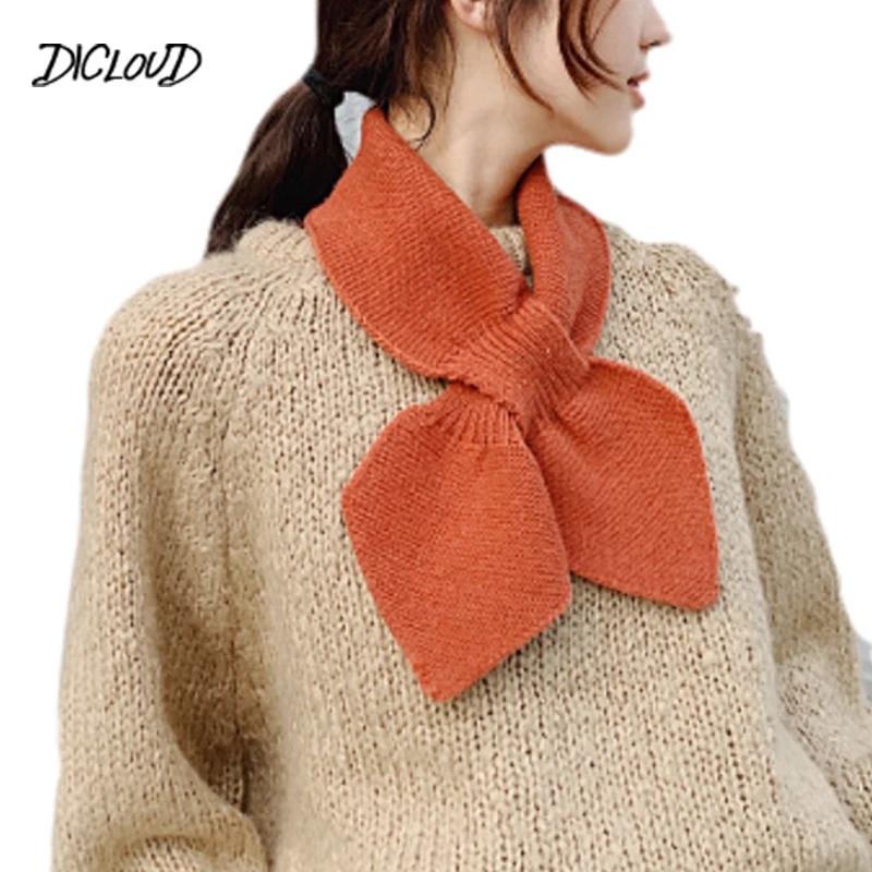 DICLOUD, корейские вязаные шарфы, женские, Harajuku, модные, повседневные, с бантом, женский шарф, Осень-зима, Одноцветный, крест на шее, набор, женский шарф
