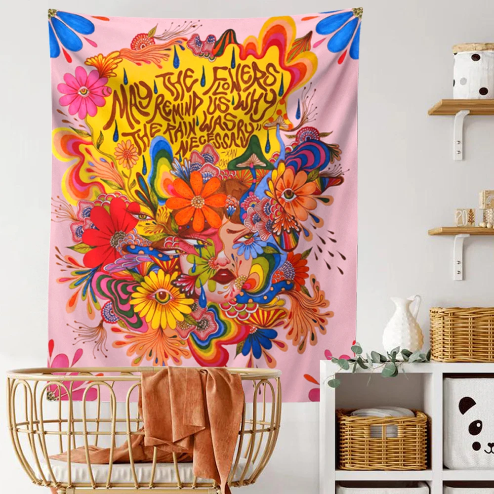 Psychedelic Floral Girl Tapestry Wall Hanging Colorful Botanical Eye