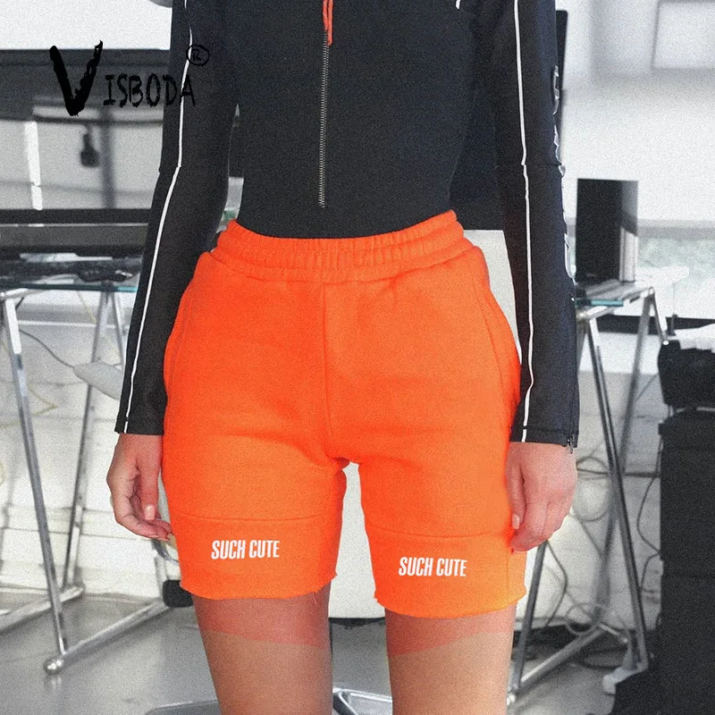 

Casual Neon Green Letter Printed Shorts Fashion Summer Elastic Athleisure Shorts Women Black High Waist Sporting Shorts Femme