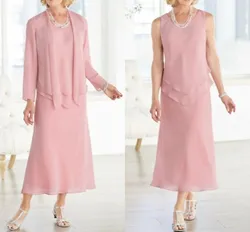 2022 Pink A-Line Mother of the Bride Dress Plus Size Elegant Jewel Neck Ankle Length Chiffon Guest Party Gowns