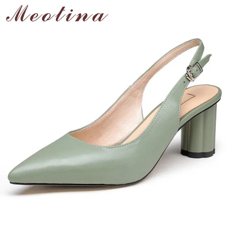 

Meotina Slingbacks Women Pumps Real Leather High Heels Shoes Pointed Toe Strange Style Footwear Lady Summer Green Big Size 9.5