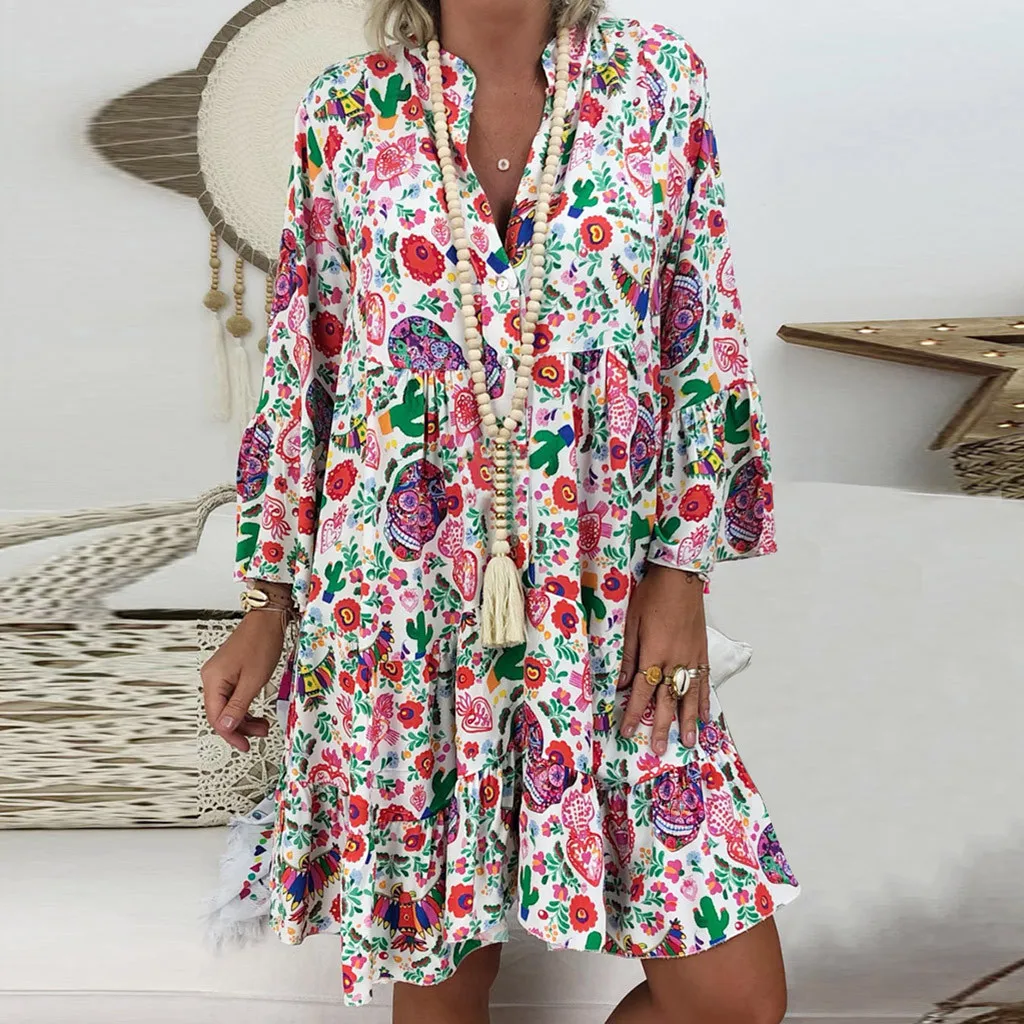 40# Loose Print Women's Dress Bohemian Vintage Elegant V neck Bohe Summer Dress 2021 Beach Evening Party Dress Платье Летнее