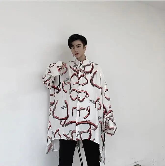 M-XL! Осенняя индивидуальная Печать Шнурок дизайн для мужчин и женщин модели свободные ленивые с длинным рукавом рубашки прилива Мужская рубашка в стиле хип-хоп