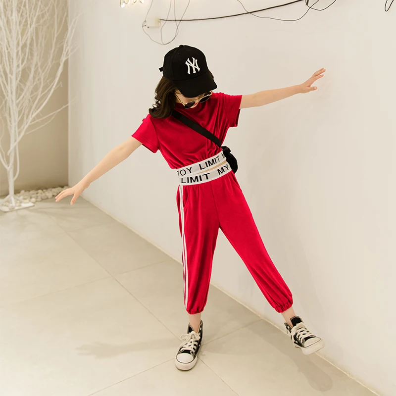 Летний комплект из 2 предметов для девочек детский укороченный топ и штаны