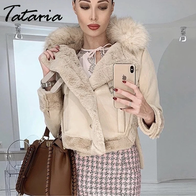 Tataria, женская зимняя куртка из искусственного меха, женское теплое пальто с большим меховым воротником, женская элегантная Толстая теплая верхняя одежда, женский зимний топ