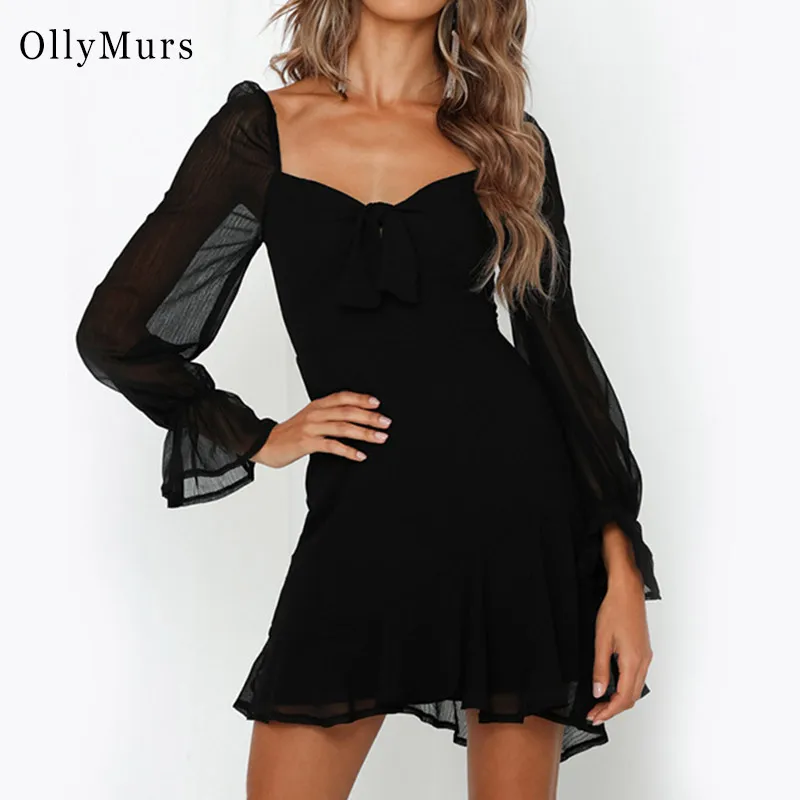 

Long Sleeve Sexy Dress Black Bow Tied Transparent Party Club Mini A Line Chiffon Elegant Ruffle 2019 Autumn Dress Women