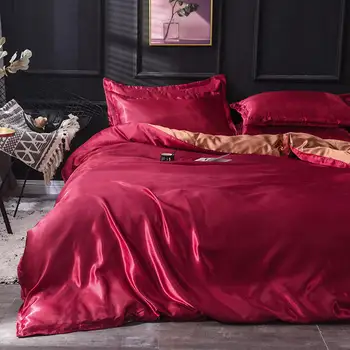 

3Pcs/4Pcs Simple Burgundy Ice Silk Washed Silk Duvet Cover+Flat Sheet+Pillowcase Single/ Full /King size duvet cover set