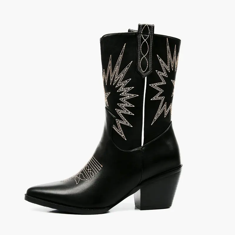 New Women Boots Autumn Pu Leather Ankle Boots High Heel Mid-Calf Boots Fashion Pointed Toe Winter Western Boots Black White