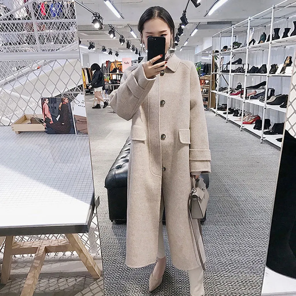 Women Work Solid Vintage Winter Office Long Sleeve Button Woolen Jacket Coat