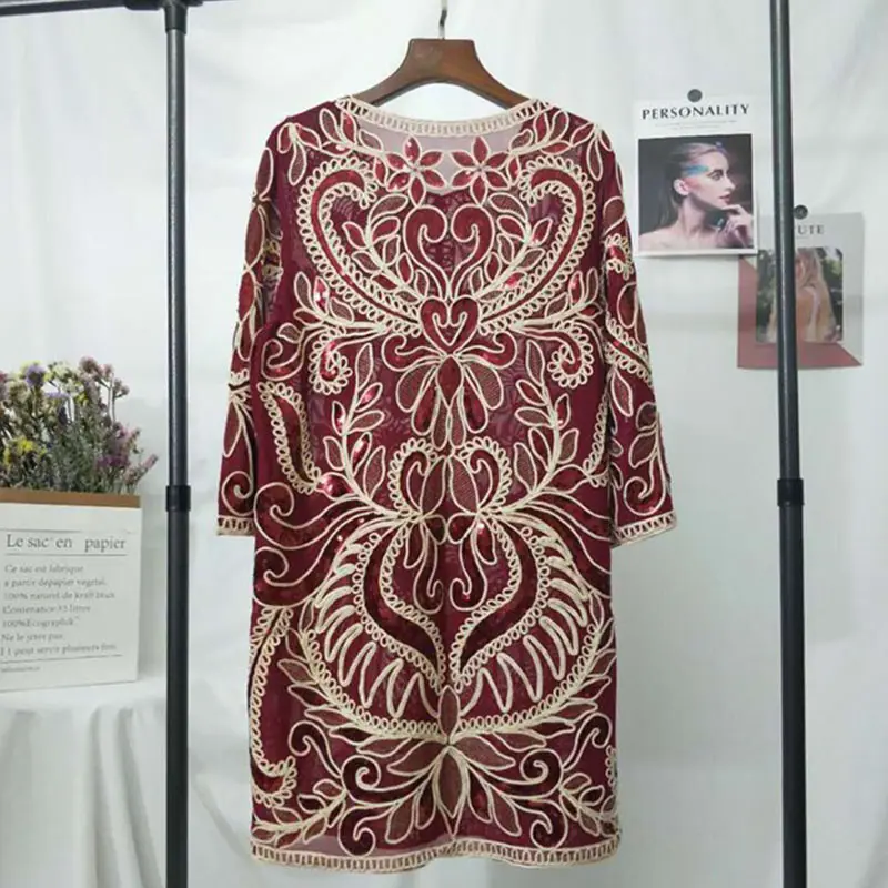 Плюс размер синий кружевной SequinsOpen кардиган для женщин Длинный свободный платок кимоно топ Обложка