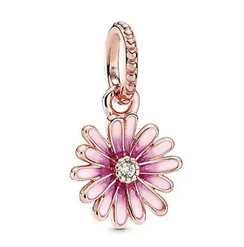 

Original 925 Sterling Silver Charm Pink Daisy Flower Dangle Charm Bead Fit Women Pandora Bracelet & Necklace Jewelry