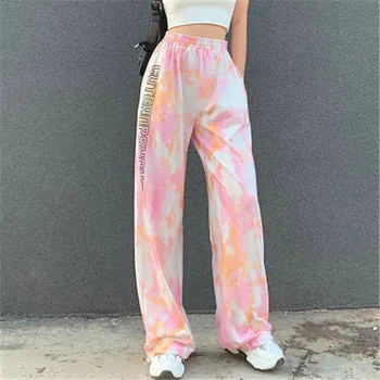 

2020 Pants Wide Leg Streetwear Letter Print Loose Fit Can Be Tied Elastic High Waist Tie-dye Sweatshirt Trousers Slack Plus Size