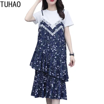 

TUHAO 2020 Summer Dress 5XL 4XL 3XL Large Size Fake Two-piece Dresses Lace Ruffles Casual Female Dress Plus Size Clothing WM88
