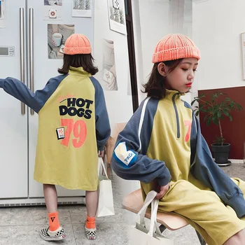 

2020 spring new girl's dress medium and long medium and big children's wear loose shoulder hoodie