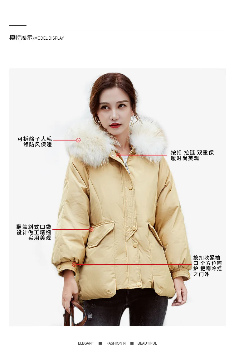 Winter New Style Thick down Jacket Women's Mid-length Large Fur Collar Short in Front Grew up Pocket down Feather Coat Fash