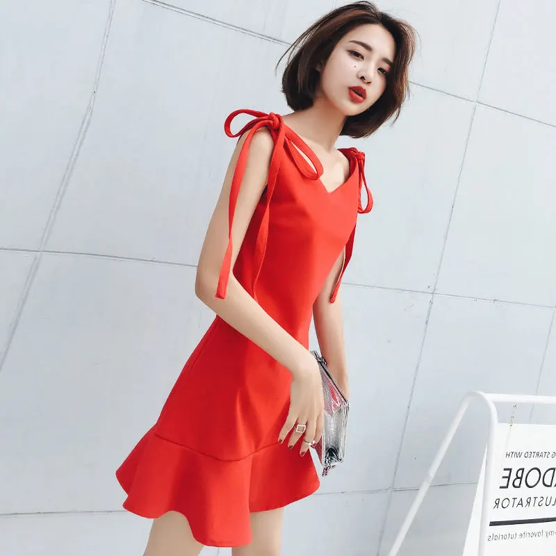 

2020 Summer New Retro Bow Tie Lace Vest Skirt Fishtail Skirt Sleeveless V-neck Little Black Skirt Dress