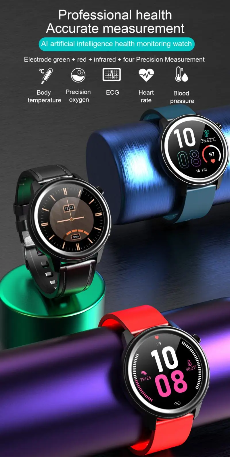

E80 Body Temperature Measurement Smart Watch PPG+ECG IP68 Waterproof Respiration Rate Fitness Tracker SmartWatch Wearable Device